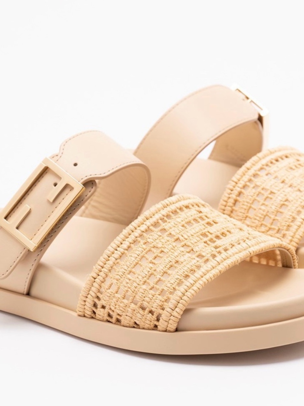 NEW Fendi Feel Cream Beige Leather & Raffia Sandals w/ FF Gold Logo - Size 38 - Picture 6 of 12